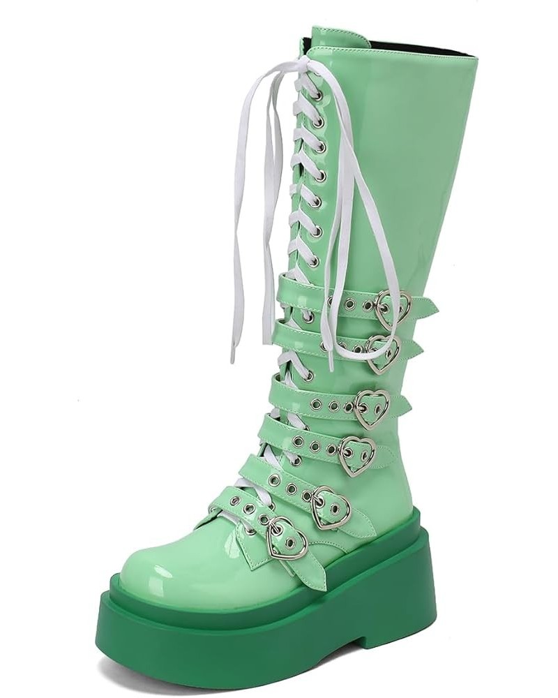 Women's Thick Heel Goth Knee High Boots Heart-Shaped Platform Heel Punk Boots 020 Green $30.10 Boots