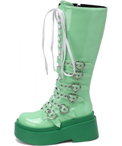 Women's Thick Heel Goth Knee High Boots Heart-Shaped Platform Heel Punk Boots 020 Green $30.10 Boots