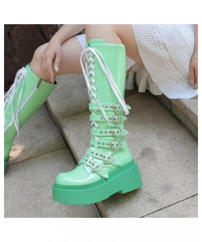 Women's Thick Heel Goth Knee High Boots Heart-Shaped Platform Heel Punk Boots 020 Green $30.10 Boots