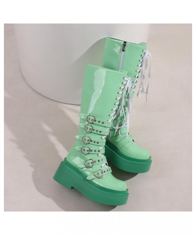 Women's Thick Heel Goth Knee High Boots Heart-Shaped Platform Heel Punk Boots 020 Green $30.10 Boots