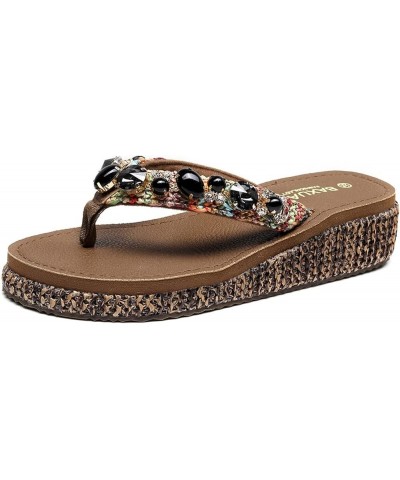 Women Mid Heel Non-Slip Platform Flip Flop Slides Sandals Bohemia Open Toe for Lady Vacation Sparkle Rhinestones Shoes Black ...