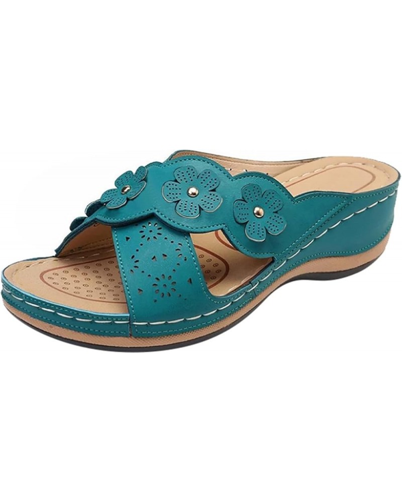 Flat Sandals for Women Ankle Buckle Heeled Wedges Sandals Flat Mules Open Toe Thong Sandals 65-hyems-blue1 $14.59 Sandals