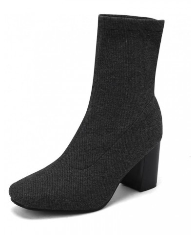 Knit Stretch Ankle Boots Square Toe Chunky Heeled Square Toe Stretchy Booties Grey $24.93 Boots