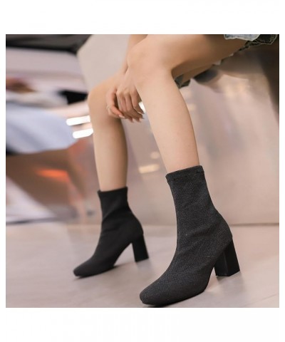 Knit Stretch Ankle Boots Square Toe Chunky Heeled Square Toe Stretchy Booties Grey $24.93 Boots