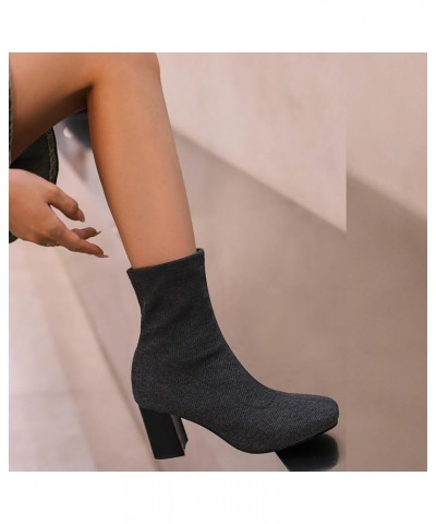 Knit Stretch Ankle Boots Square Toe Chunky Heeled Square Toe Stretchy Booties Grey $24.93 Boots