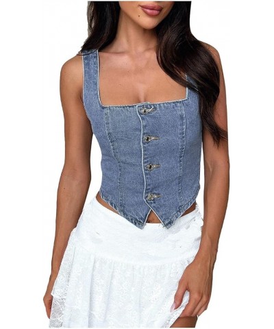 Cotton Muscle Patchwork Short Slim Fit Strap Style Denim Vest Top Desert Top Women Blue-2 - Women Backless Jean Waistcoat $13...