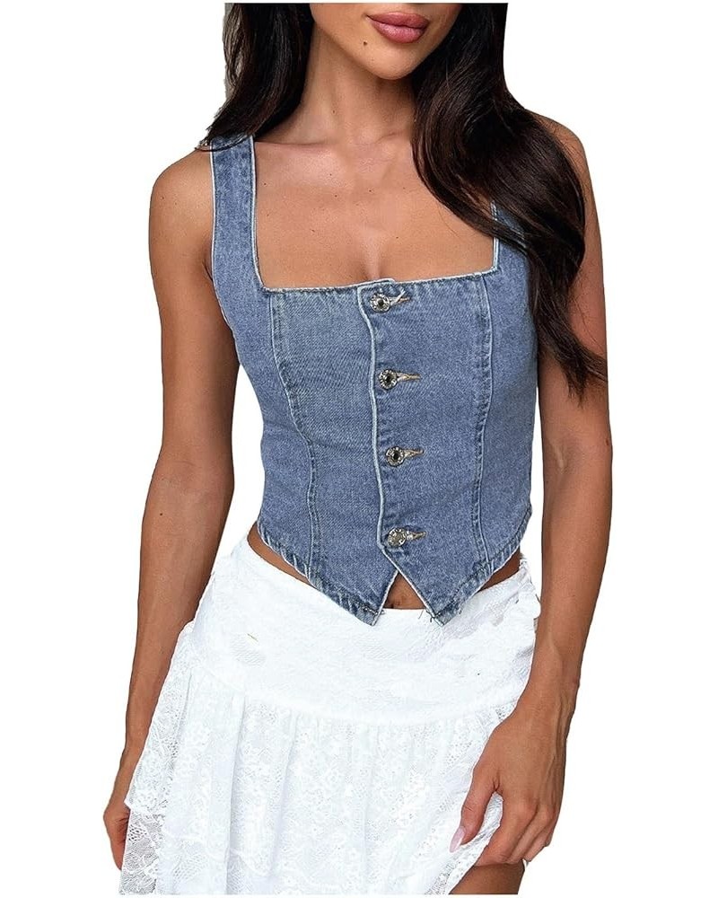 Cotton Muscle Patchwork Short Slim Fit Strap Style Denim Vest Top Desert Top Women Blue-2 - Women Backless Jean Waistcoat $13...