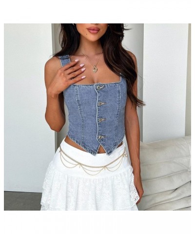 Cotton Muscle Patchwork Short Slim Fit Strap Style Denim Vest Top Desert Top Women Blue-2 - Women Backless Jean Waistcoat $13...