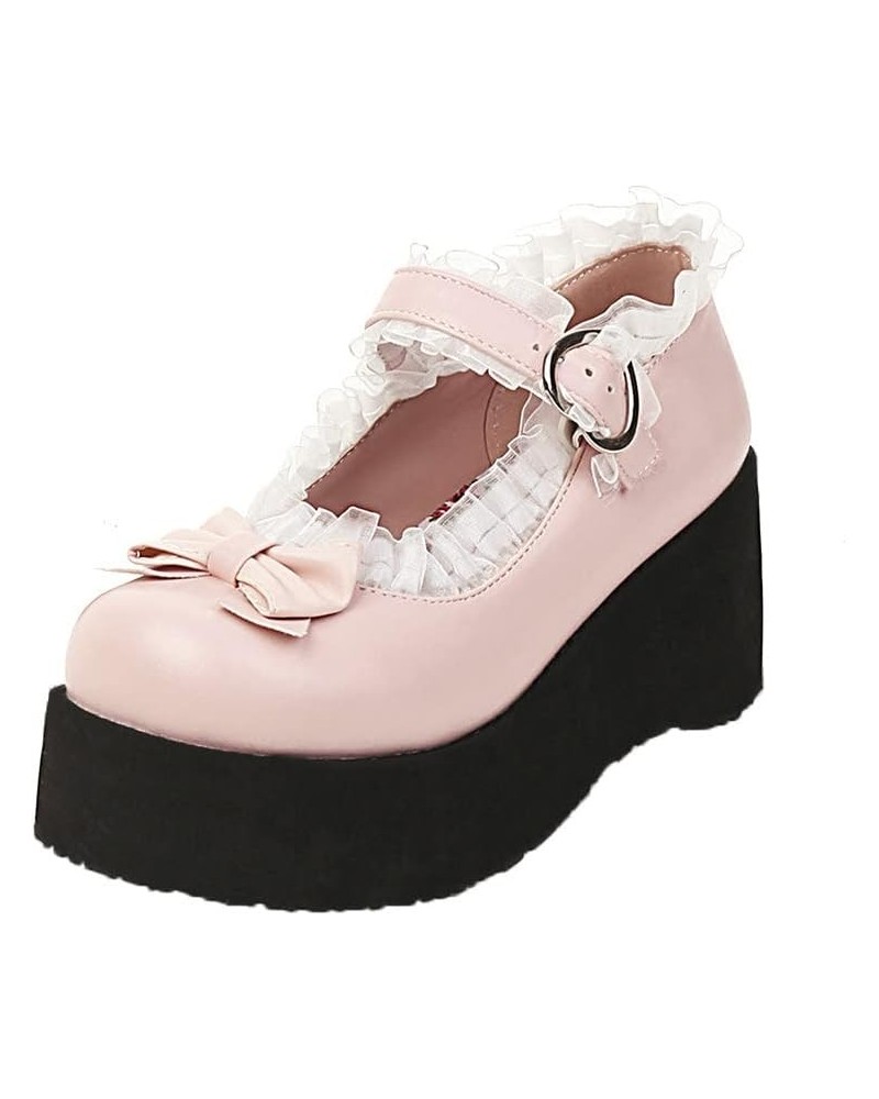 Women Sweet Bow Round Toe Mary Janes Wedge Platform High Heel Pumps Pink $23.99 Pumps