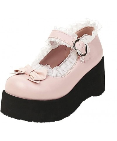 Women Sweet Bow Round Toe Mary Janes Wedge Platform High Heel Pumps Pink $23.99 Pumps