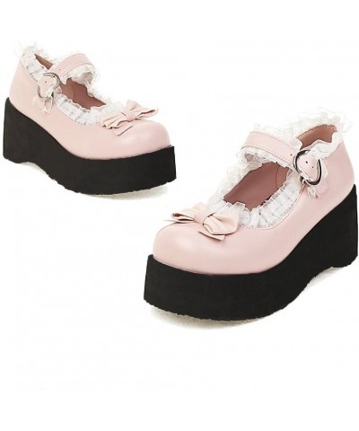 Women Sweet Bow Round Toe Mary Janes Wedge Platform High Heel Pumps Pink $23.99 Pumps