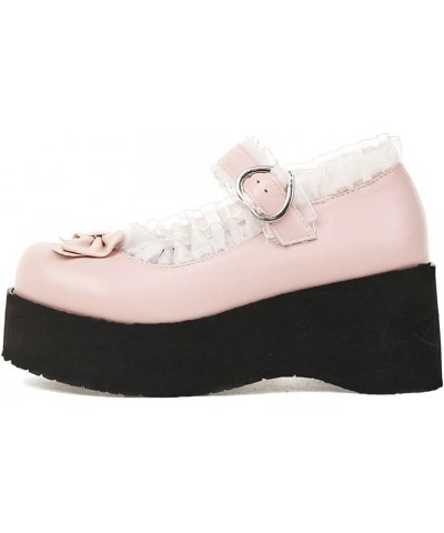 Women Sweet Bow Round Toe Mary Janes Wedge Platform High Heel Pumps Pink $23.99 Pumps