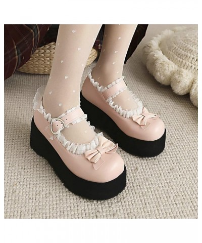 Women Sweet Bow Round Toe Mary Janes Wedge Platform High Heel Pumps Pink $23.99 Pumps