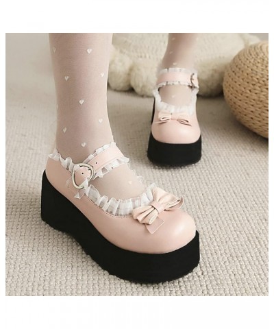 Women Sweet Bow Round Toe Mary Janes Wedge Platform High Heel Pumps Pink $23.99 Pumps