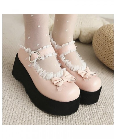 Women Sweet Bow Round Toe Mary Janes Wedge Platform High Heel Pumps Pink $23.99 Pumps