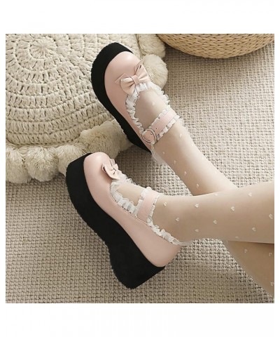 Women Sweet Bow Round Toe Mary Janes Wedge Platform High Heel Pumps Pink $23.99 Pumps