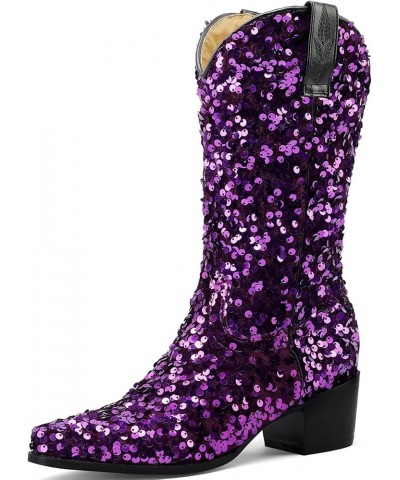 Women's Glitter Sequin Mid Calf Boots Snip Toe Chunky Block Heel Boots Sparkly Cowboy Cowgirl Boots for Women Purple $27.27 B...