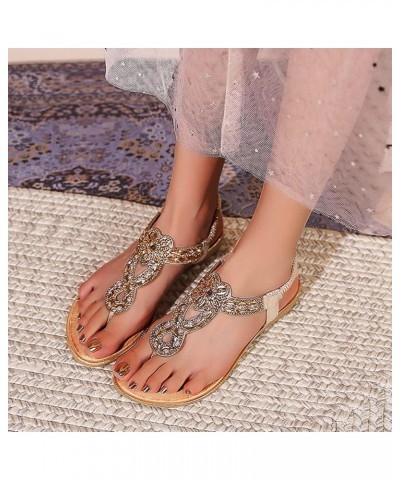 Sandals Women T Strap Ladies Summer Fashion Rhinestone Slide Sandals Bohemian Slope Heel Hollow Solid Color Flat Bottom Open ...