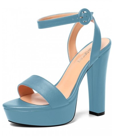 Womens Ankle Strap Sexy Evening Round Toe Solid Open Toe Buckle Matte Block High Heel Heeled Sandals 5 Inch Light Blue $34.32...