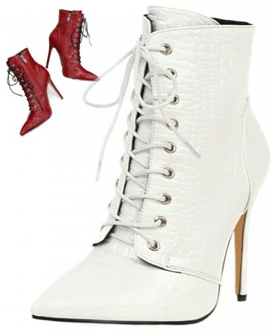 Women Sexy Pointed High-heeled Ankle Boots,Fashion Patent PU Leather Lace Up Side Zip Stiletto Party Booties White $35.69 Boots