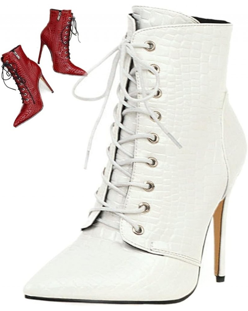 Women Sexy Pointed High-heeled Ankle Boots,Fashion Patent PU Leather Lace Up Side Zip Stiletto Party Booties White $35.69 Boots