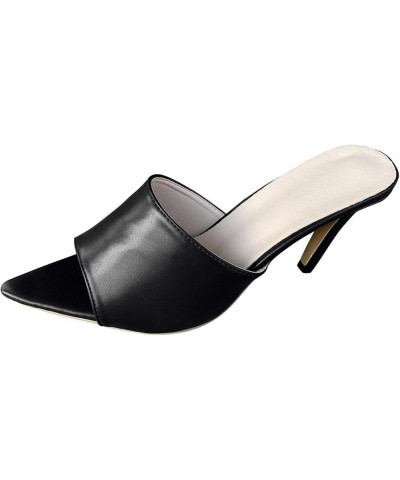 Solid Color Leather Heeled Sandals for Women Ladies Fashion Open Toe Slip on Thin High Heel Sandals Casual Dressy Black 9 $16...