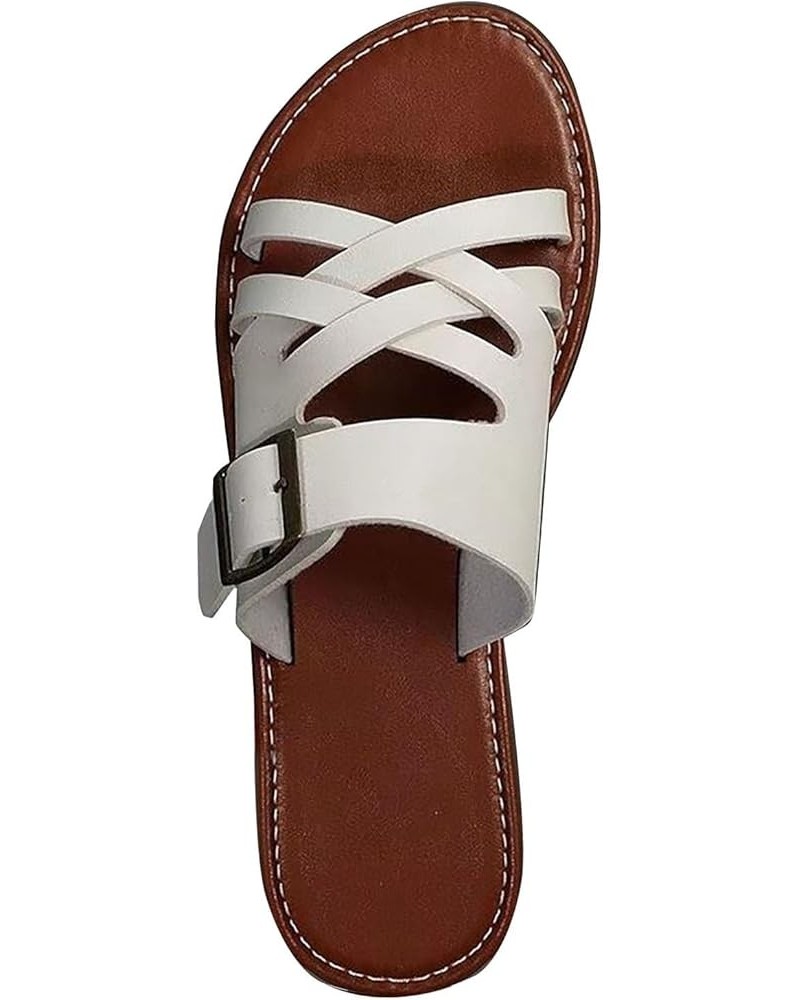 Womens Leather Flat Sandals Open Toe Buckle Crisscross Strappy Casual Slip on Slides Sandal Outdoor Summer Beach Shoes White ...