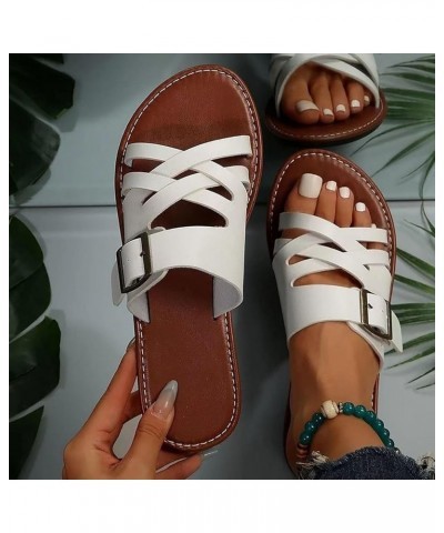 Womens Leather Flat Sandals Open Toe Buckle Crisscross Strappy Casual Slip on Slides Sandal Outdoor Summer Beach Shoes White ...