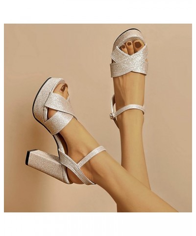 Women's Wedding Dress Platform Chunky High Heels Summer Dressy Glliter Ankle Strap Buckle Heeled Sandals Elegant Open Toe Pum...