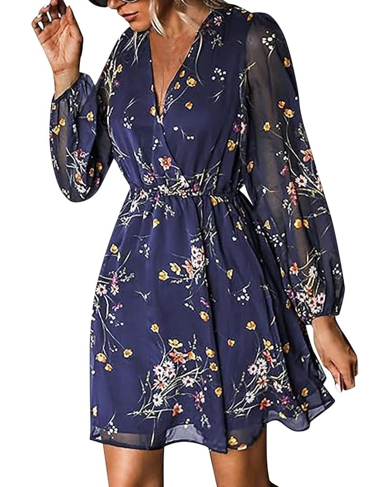 Sundresses for Women Floral Print Chiffon A Line Mini Dress Long Sleeves Dress Blue $12.59 Outdoor Shoes