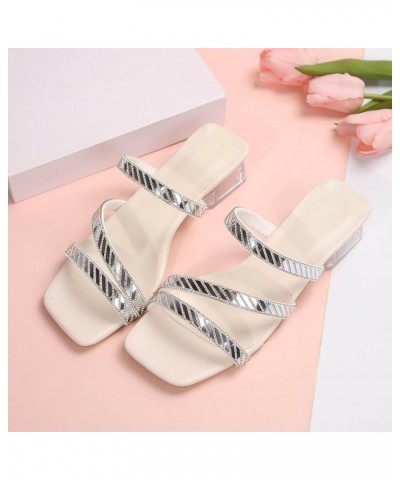 Women's Slip on Sandals Size 11 Women Shoes Thick Heel Sandals Fashionable Rhinestone One Leg Slide on Shoes Women Silver $16...