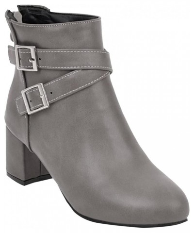 Boots for Women Elegant Leather Waterproof Pointed Toe Chunky Heel Boots Pull-Up Buckle Chelsea Western Boots Grey $29.69 Boots