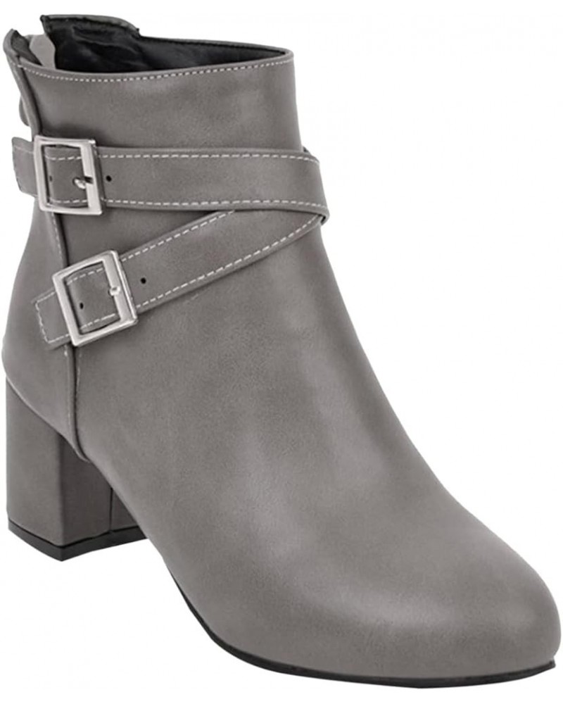 Boots for Women Elegant Leather Waterproof Pointed Toe Chunky Heel Boots Pull-Up Buckle Chelsea Western Boots Grey $29.69 Boots