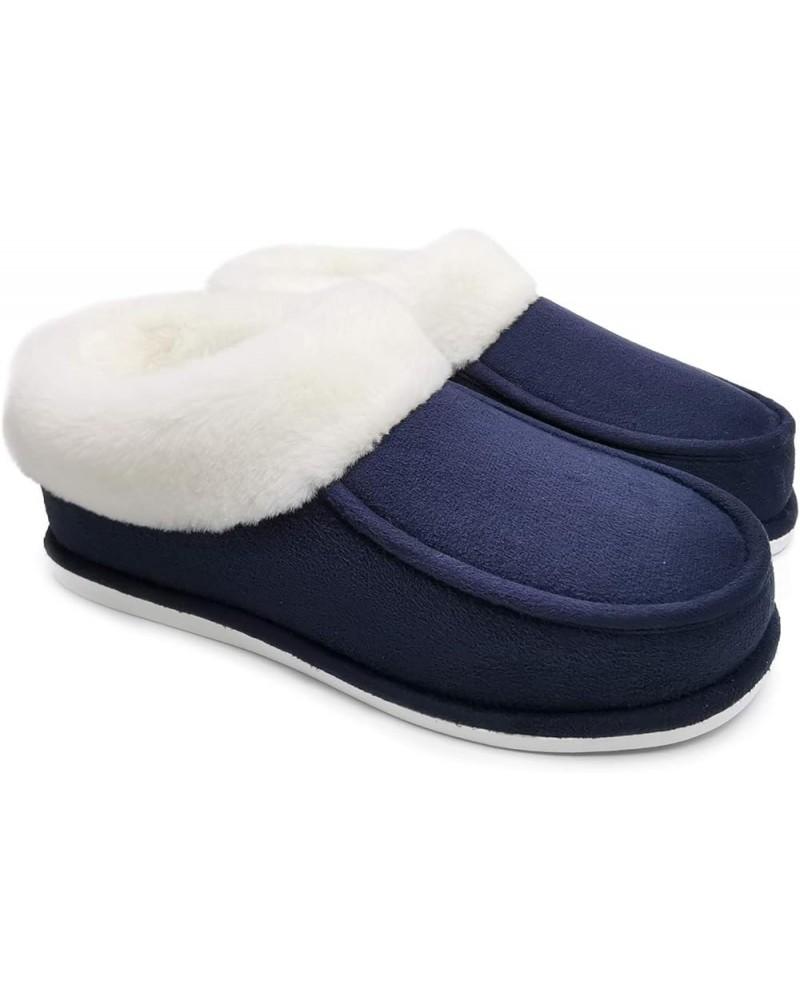 Womens Winter Warm Faux Suede Plush Moccasins Slippers Indoor Slip On Shoes with Soft Comfortable Fluffy Fur Lining Navy Blue...