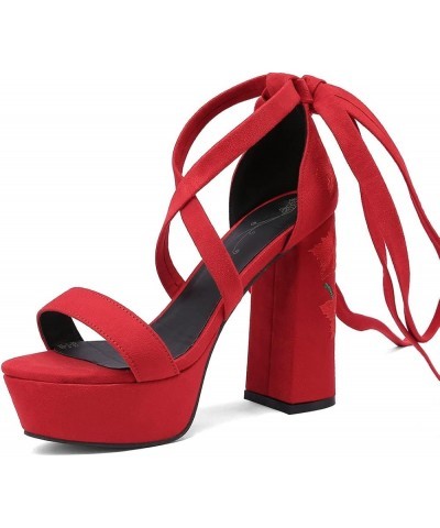 Lace Up Platform Sandals Floral High Heels Suede Chunky High Heeled Sandals Red $23.75 Sandals