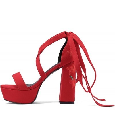 Lace Up Platform Sandals Floral High Heels Suede Chunky High Heeled Sandals Red $23.75 Sandals