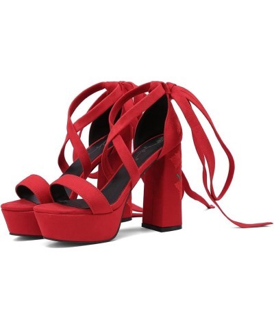 Lace Up Platform Sandals Floral High Heels Suede Chunky High Heeled Sandals Red $23.75 Sandals