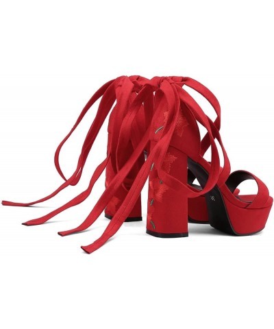 Lace Up Platform Sandals Floral High Heels Suede Chunky High Heeled Sandals Red $23.75 Sandals