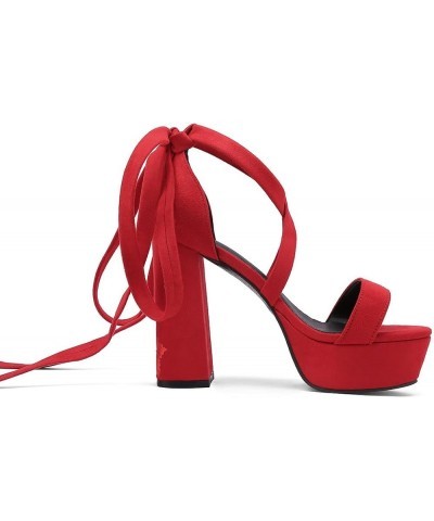 Lace Up Platform Sandals Floral High Heels Suede Chunky High Heeled Sandals Red $23.75 Sandals