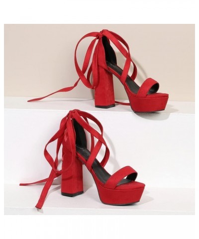 Lace Up Platform Sandals Floral High Heels Suede Chunky High Heeled Sandals Red $23.75 Sandals