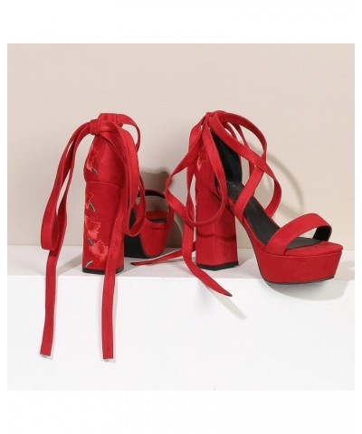 Lace Up Platform Sandals Floral High Heels Suede Chunky High Heeled Sandals Red $23.75 Sandals