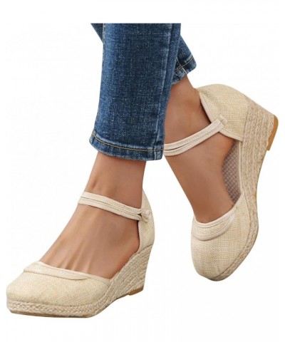 Sandals for Women Dressy Summer Comfortable Closed Toe Espadrilles Vintage Summer Buckle Wedge Shoes Z26-beige $12.58 Sandals