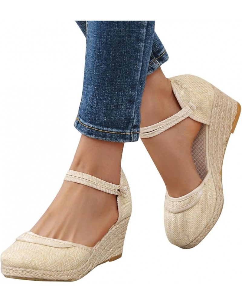 Sandals for Women Dressy Summer Comfortable Closed Toe Espadrilles Vintage Summer Buckle Wedge Shoes Z26-beige $12.58 Sandals