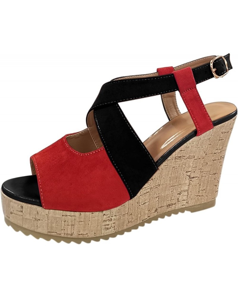 Women Wedge Sandals Women Wedge Sandals for Women Casual Fashion Ladies Shoes Buckle Solid Sandals Roman Platform Red 8.5 $31...