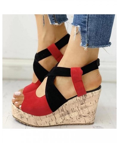 Women Wedge Sandals Women Wedge Sandals for Women Casual Fashion Ladies Shoes Buckle Solid Sandals Roman Platform Red 8.5 $31...