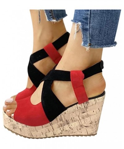 Women Wedge Sandals Women Wedge Sandals for Women Casual Fashion Ladies Shoes Buckle Solid Sandals Roman Platform Red 8.5 $31...