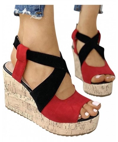 Women Wedge Sandals Women Wedge Sandals for Women Casual Fashion Ladies Shoes Buckle Solid Sandals Roman Platform Red 8.5 $31...