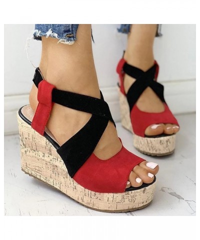 Women Wedge Sandals Women Wedge Sandals for Women Casual Fashion Ladies Shoes Buckle Solid Sandals Roman Platform Red 8.5 $31...