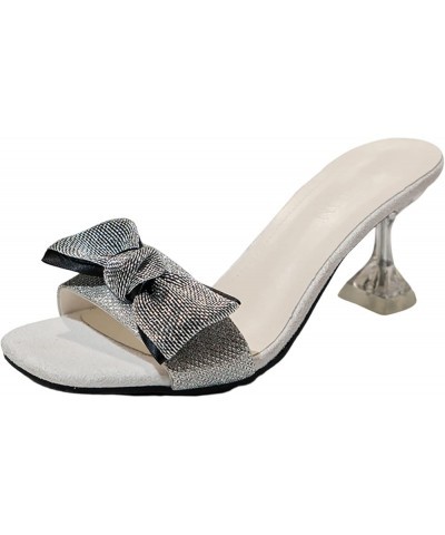 Ladies Fashion Summer Rhinestone Bow Tie Square Toe Open Toe Thick High Heel Sandals Summer Slides for Women Silver $18.93 Sa...