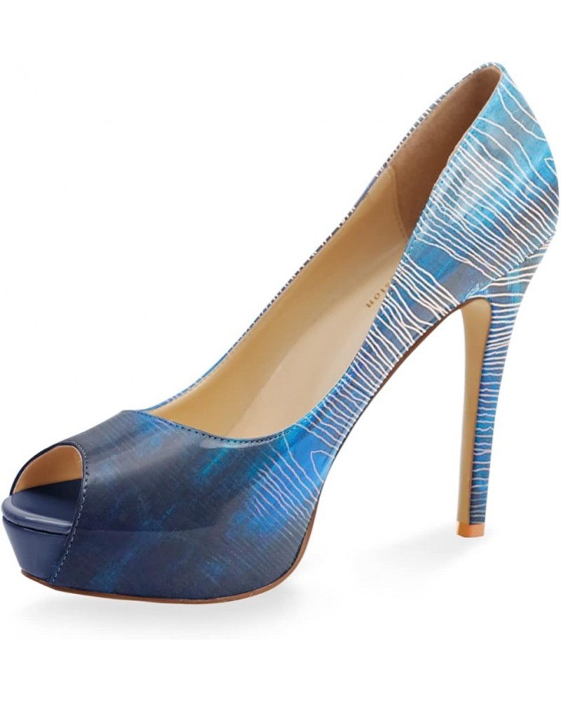 Womens Platform High Stiletto Sandals Heels Pumps Multicolor Floral Printed Peep Toe Sexy Shoes Blue Stripe $38.01 Pumps